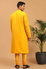 Buy Men's Yellow Georgette Mirror Work Embroidered Kurta Pajama Jacket Set Online - Front