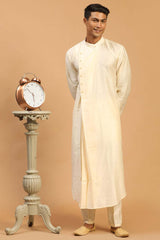 Buy Men's Cream Viscose Blend Solid Kurta Pajama Jacket Set Online - Back