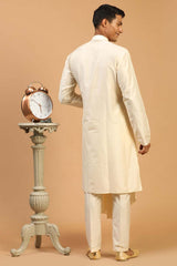 Buy Men's Cream Viscose Blend Solid Kurta Pajama Jacket Set Online - Front