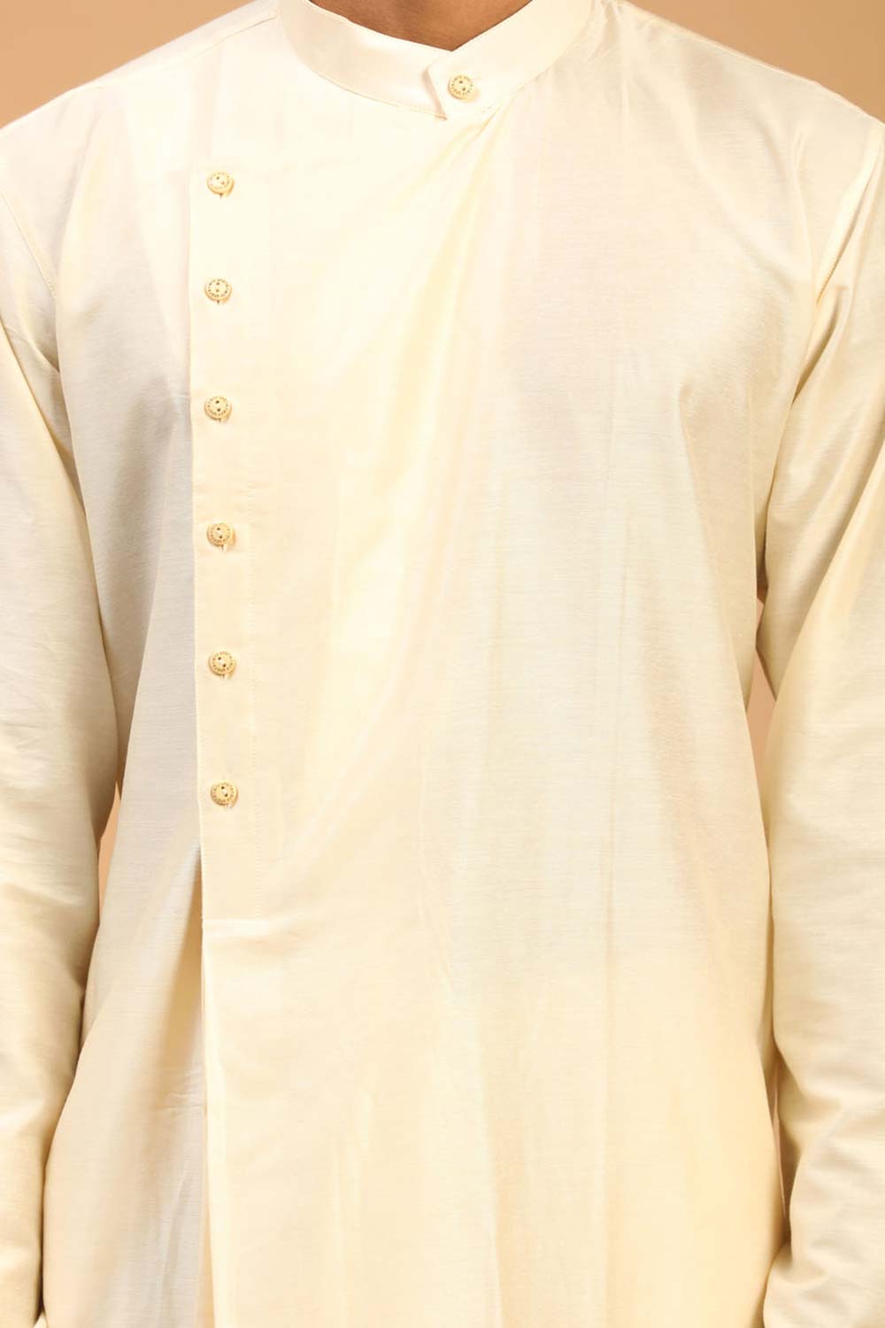 Buy Men's Cream Viscose Blend Solid Kurta Pajama Jacket Set Online - Side