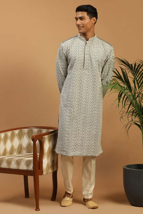 Buy Men's Grey And Cream Georgette Chikankari Kurta Pajama Jacket Set Online