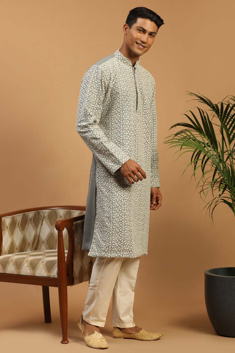 Buy Men's Grey And Cream Georgette Chikankari Kurta Pajama Jacket Set Online - Back