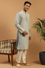 Buy Men's Grey And Cream Georgette Chikankari Kurta Pajama Jacket Set Online - Back