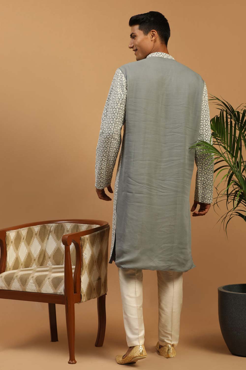 Buy Men's Grey And Cream Georgette Chikankari Kurta Pajama Jacket Set Online - Front