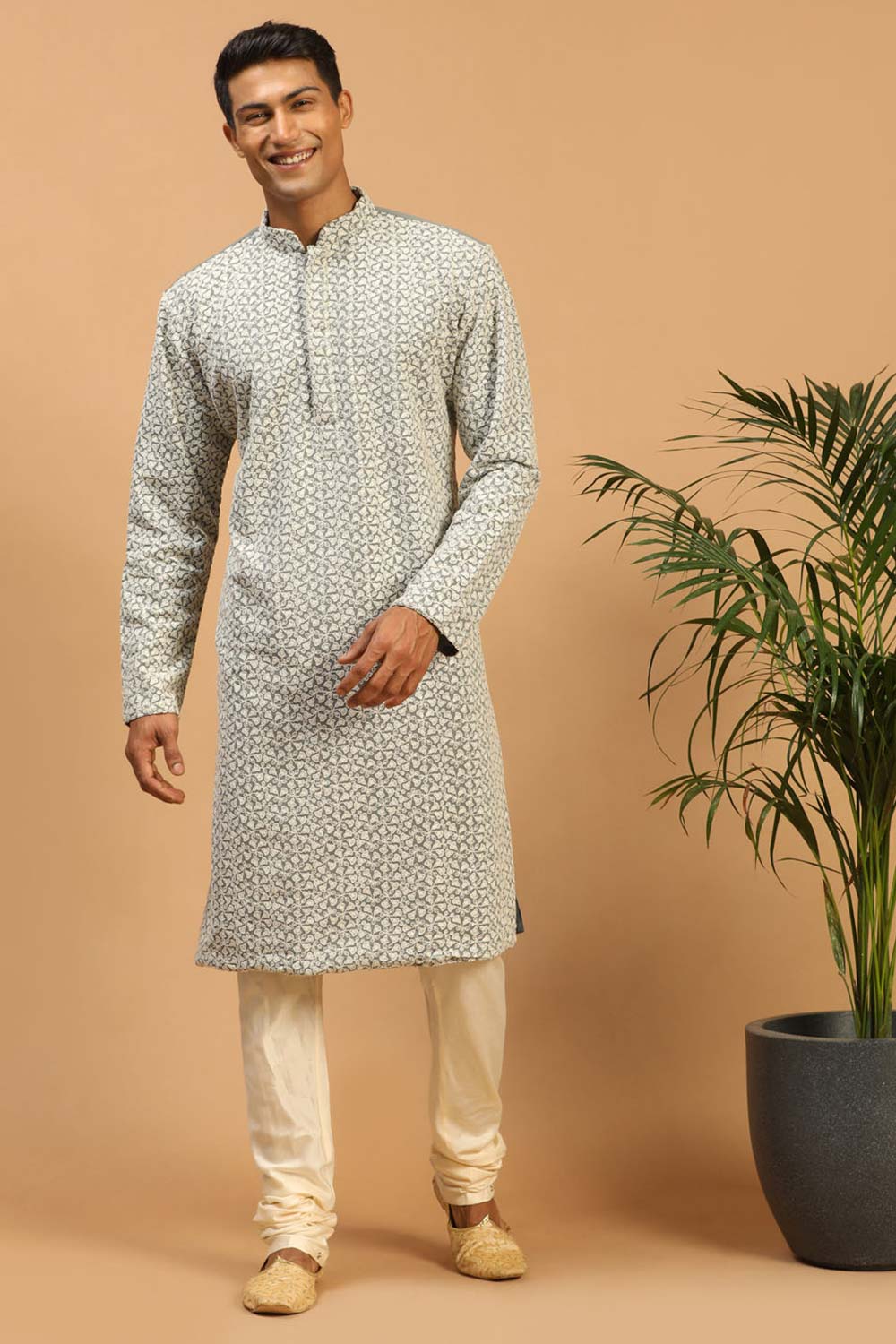 Buy Men's Grey And Cream Georgette Chikankari Kurta Pajama Jacket Set Online