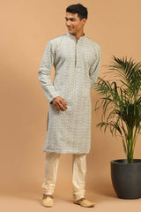 Buy Men's Grey And Cream Georgette Chikankari Kurta Pajama Jacket Set Online - Back