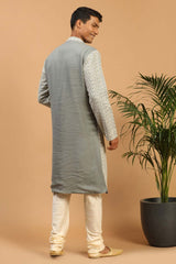 Buy Men's Grey And Cream Georgette Chikankari Kurta Pajama Jacket Set Online - Front