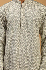 Buy Men's Grey And Cream Georgette Chikankari Kurta Pajama Jacket Set Online - Side