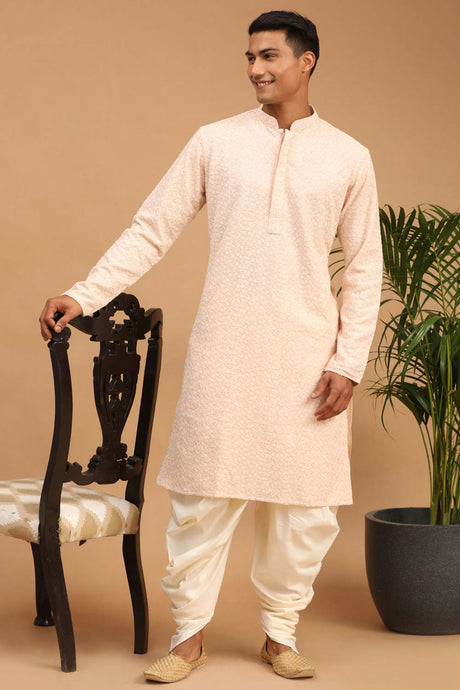 Buy Men's Pink And Cream Georgette Chikankari Kurta Dhoti Online