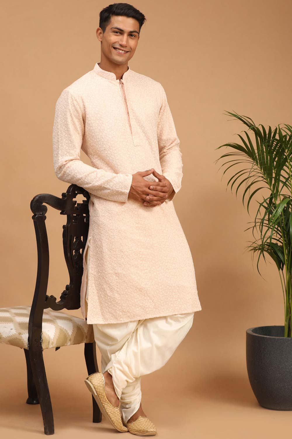 Buy Men's Pink And Cream Georgette Chikankari Kurta Dhoti Online - Back