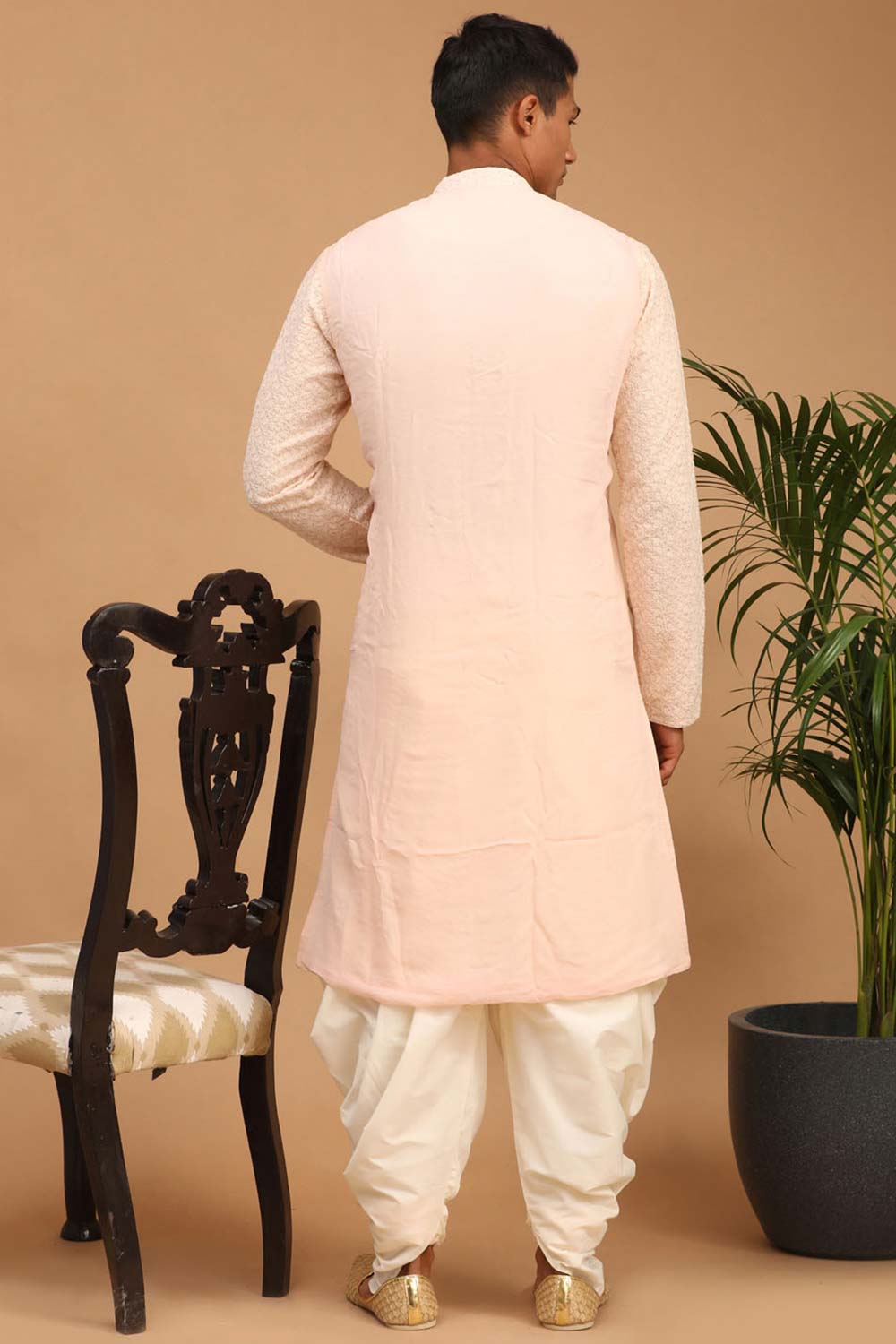 Buy Men's Pink And Cream Georgette Chikankari Kurta Dhoti Online - Front