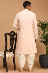 Buy Men's Pink And Cream Georgette Chikankari Kurta Dhoti Online - Front