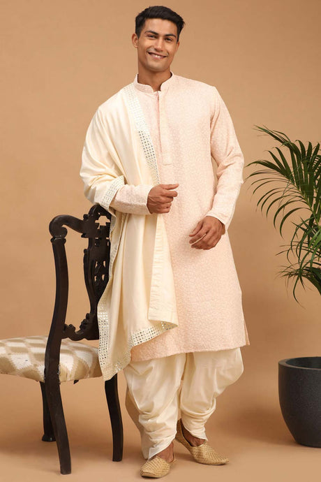 Buy Men's Pink And Cream Georgette Chikankari Kurta Dhoti With Dupatta Online