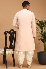 Buy Men's Pink And Cream Georgette Chikankari Kurta Dhoti With Dupatta Online - Front