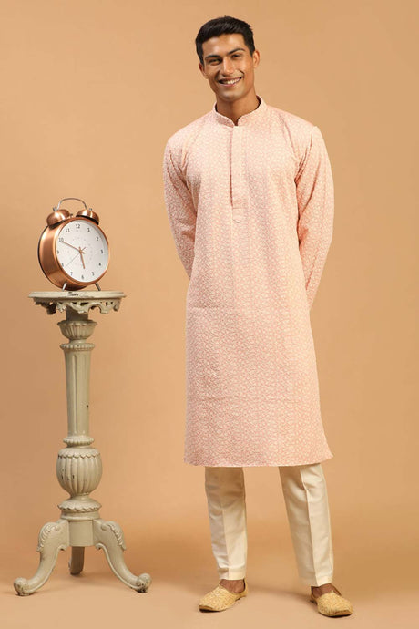 Buy Men's Pink And Cream Georgette Chikankari Kurta Pajama Jacket Set Online