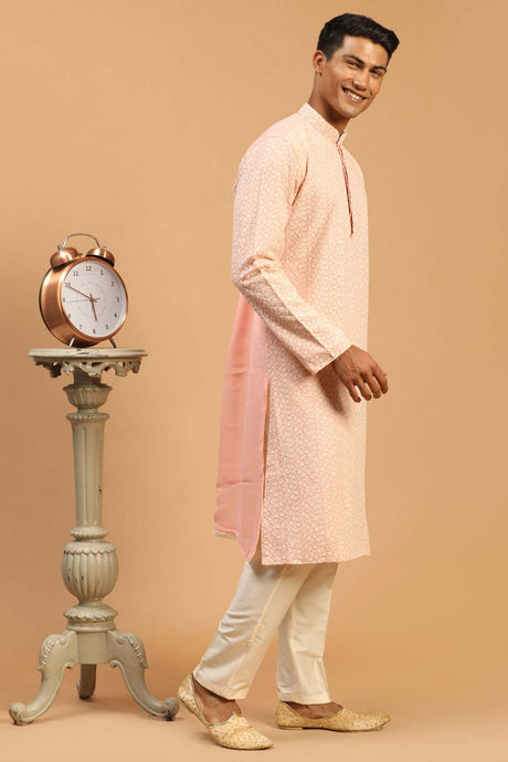 Buy Men's Pink And Cream Georgette Chikankari Kurta Pajama Jacket Set Online - Back