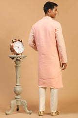 Buy Men's Pink And Cream Georgette Chikankari Kurta Pajama Jacket Set Online - Front