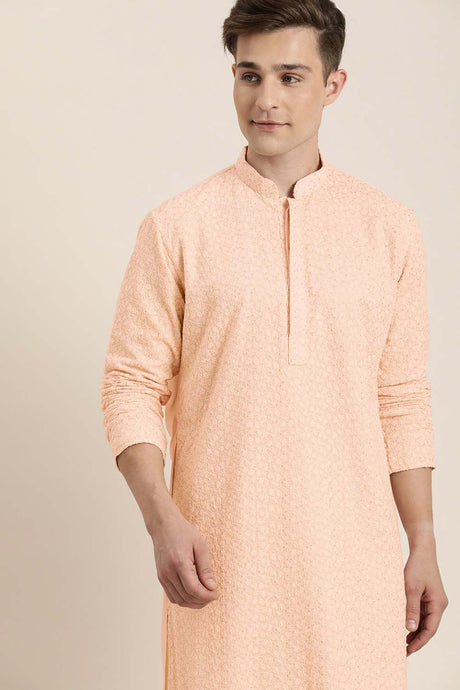 Buy Men's Pink And Cream Georgette Chikankari Kurta Pajama Jacket Set Online