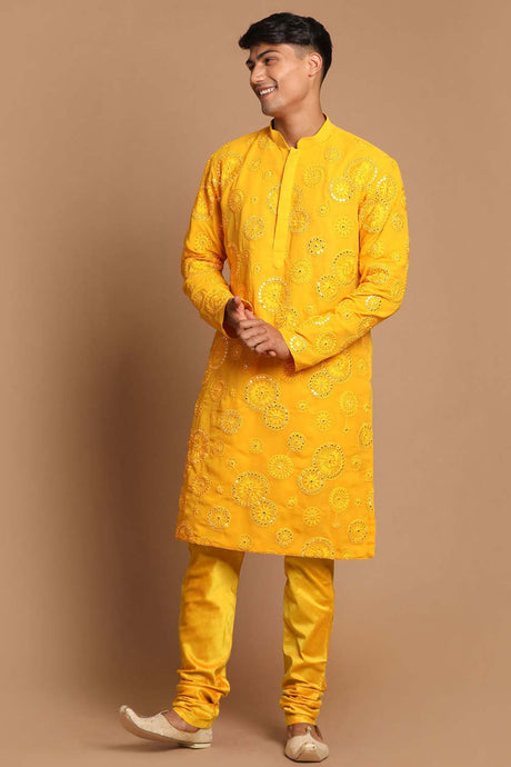 Men's Yellow Georgette Kurta Pyjama Set