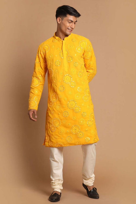 Men's Yellow And Cream Georgette Kurta Pyjama Set