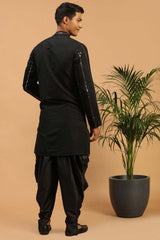 Buy Men's Black Viscose Mirror Work Embroidered Kurta Dhoti Online - Front