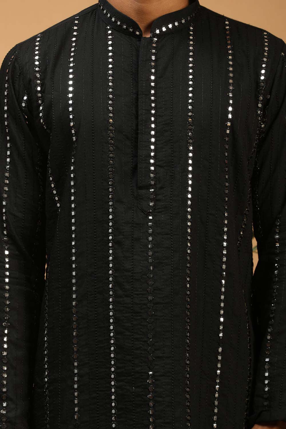 Buy Men's Black Viscose Mirror Work Embroidered Kurta Dhoti Online - Side