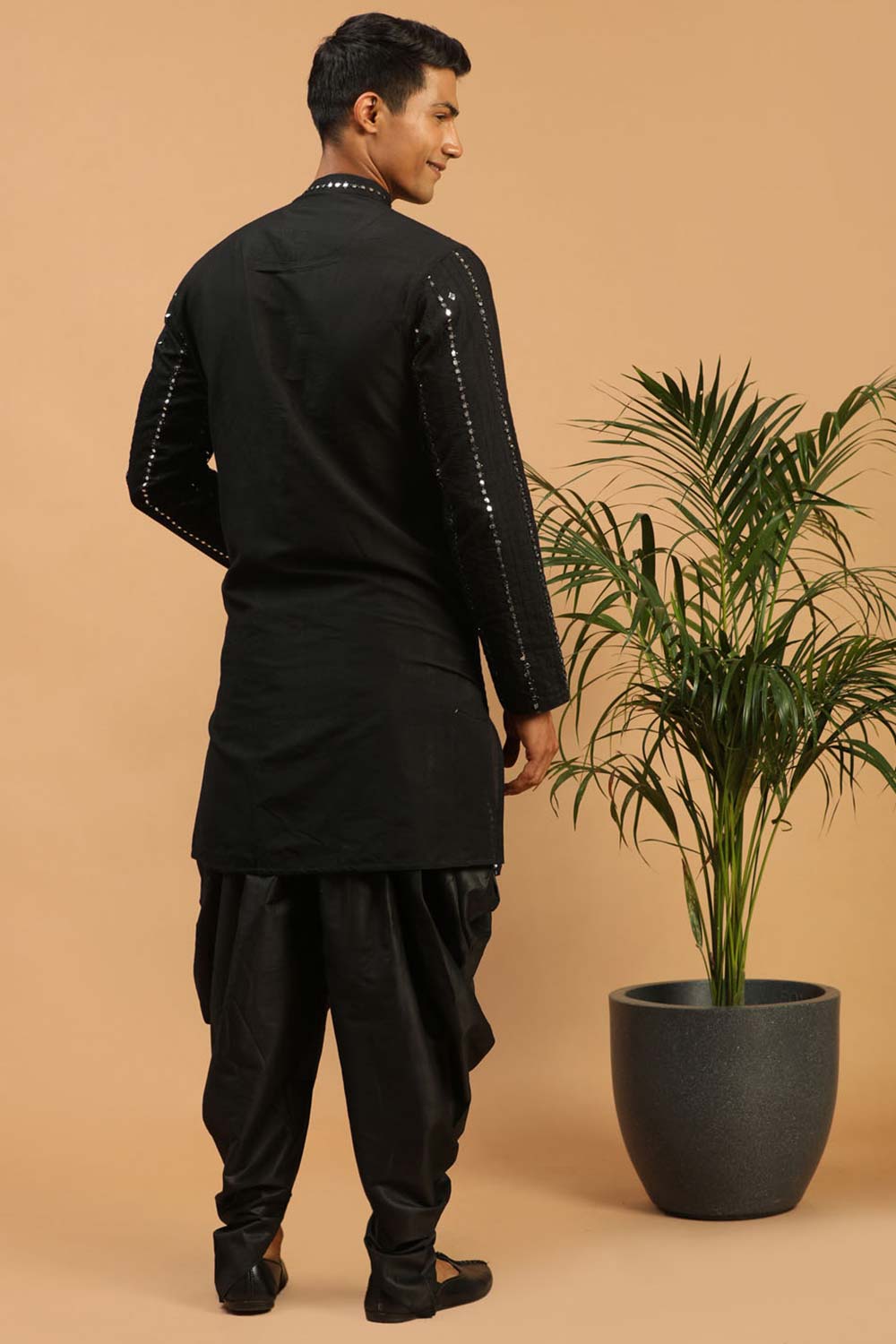 Buy Men's Black Viscose Mirror Work Embroidered Kurta Dhoti With Dupatta Online - Front