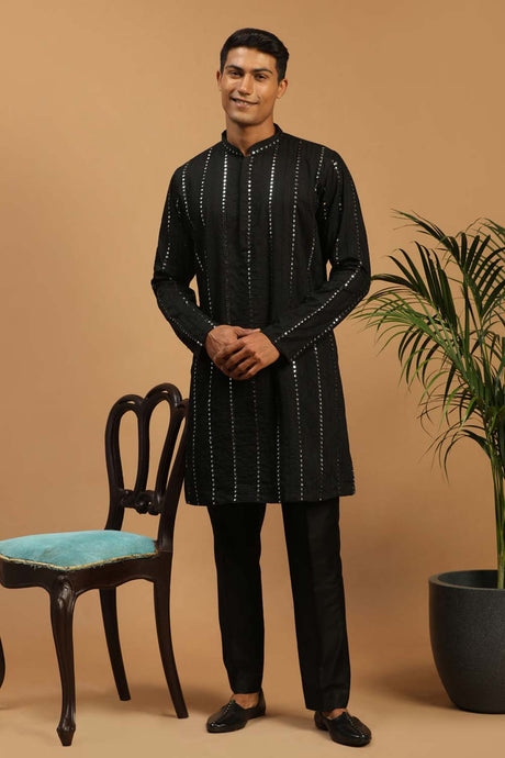 Buy Men's Black Viscose Mirror Work Embroidered Kurta Pajama Jacket Set Online