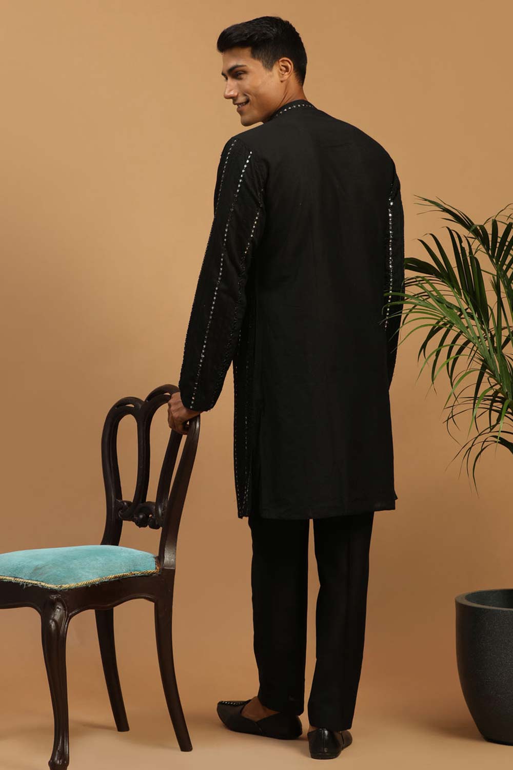 Buy Men's Black Viscose Mirror Work Embroidered Kurta Pajama Jacket Set Online - Front