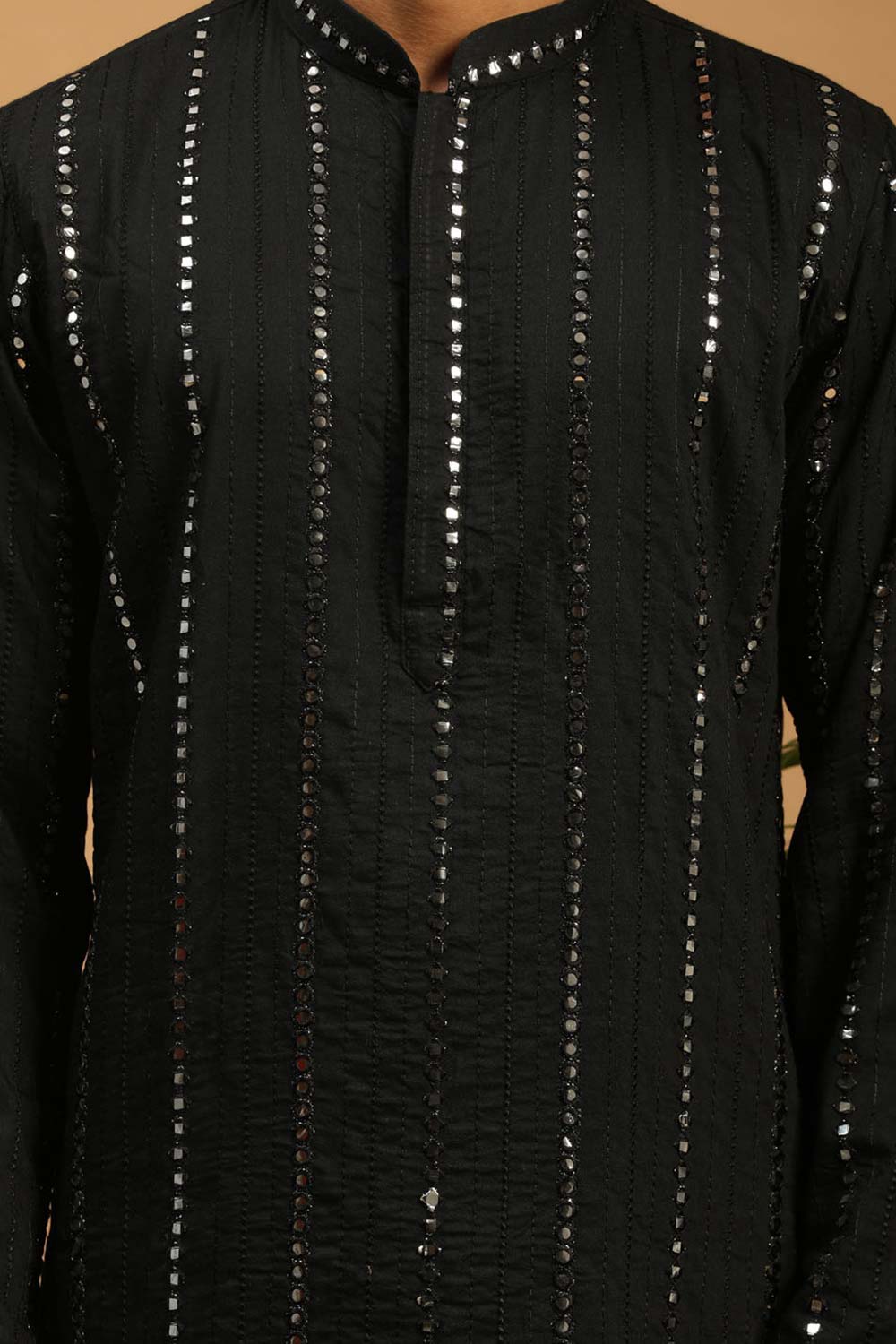 Buy Men's Black Viscose Mirror Work Embroidered Kurta Pajama Jacket Set Online - Side