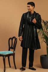 Buy Men's Black Viscose Mirror Work Embroidered Kurta Pajama Jacket Set With Dupatta Online