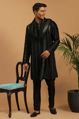 Buy Men's Black Viscose Mirror Work Embroidered Kurta Pajama Jacket Set With Dupatta Online - Back