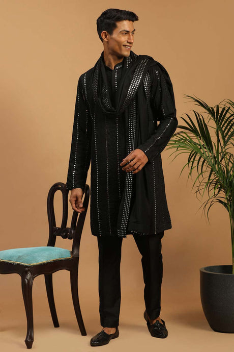 Buy Men's Black Viscose Mirror Work Embroidered Kurta Pajama Jacket Set With Dupatta Online - Back