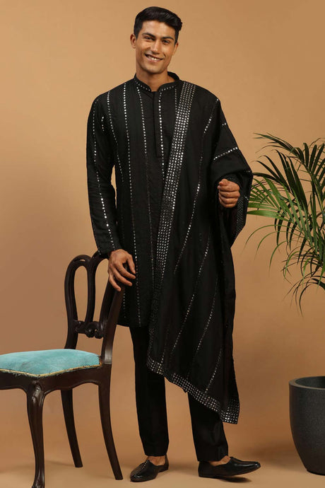 Buy Men's Black Viscose Mirror Work Embroidered Kurta Pajama Jacket Set With Dupatta Online