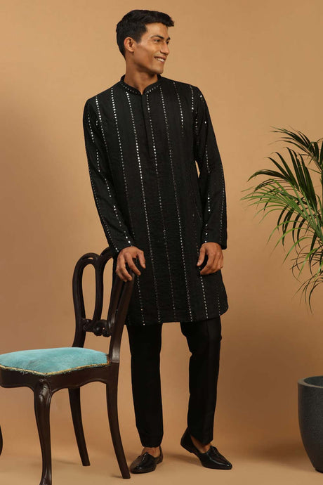 Buy Men's Black Viscose Mirror Work Embroidered Kurta Pajama Jacket Set With Dupatta Online - Back