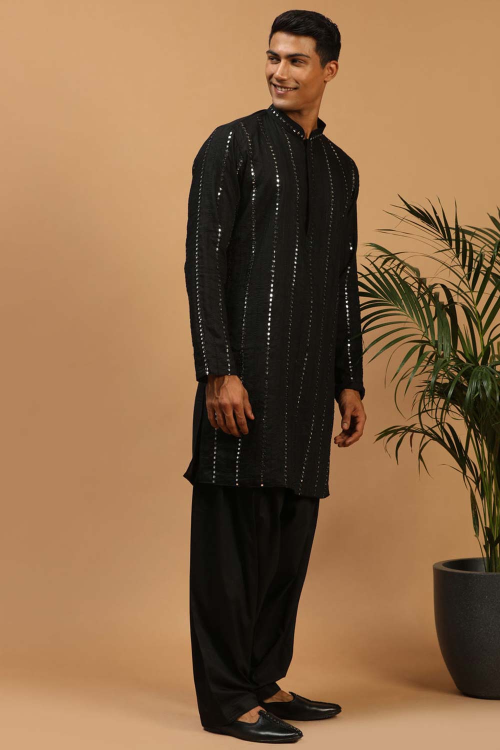 Buy Men's Black Viscose Mirror Work Embroidered Pathani Set Online - Back