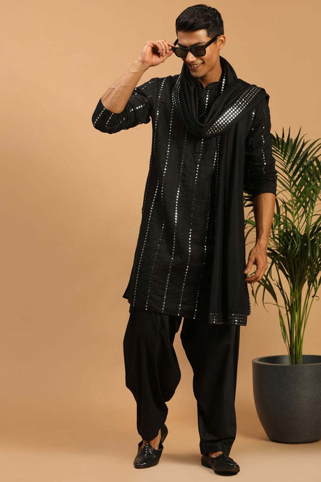 Buy Men's Black Viscose Mirror Work Embroidered Pathani Set With Dupatta Online