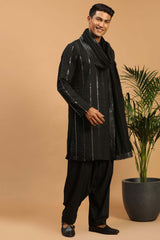 Buy Men's Black Viscose Mirror Work Embroidered Pathani Set With Dupatta Online - Back