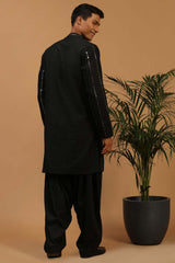 Buy Men's Black Viscose Mirror Work Embroidered Pathani Set With Dupatta Online - Front