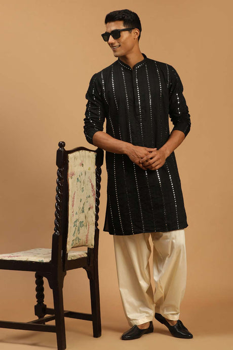 Buy Men's Black And Cream Viscose Mirror Work Embroidered Pathani Set Online