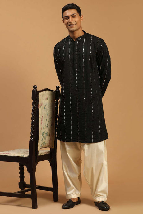 Buy Men's Black And Cream Viscose Mirror Work Embroidered Pathani Set Online - Back