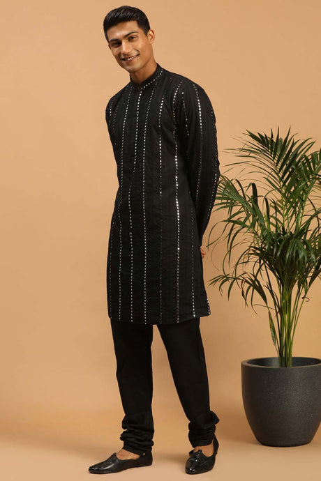 Buy Men's Black Viscose Mirror Work Embroidered Kurta Pajama Jacket Set Online - Back