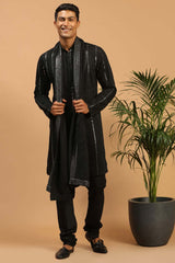 Buy Men's Black Viscose Mirror Work Embroidered Kurta Pajama Jacket Set With Dupatta Online - Back