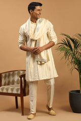 Buy Men's Cream Viscose Mirror Work Embroidered Kurta Pajama Jacket Set With Dupatta Online