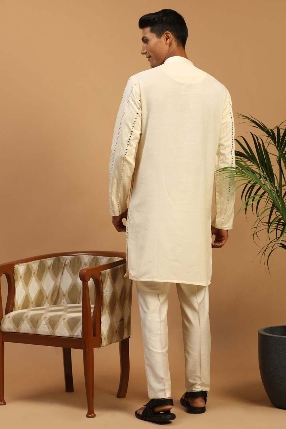 Buy Men's Cream Viscose Mirror Work Embroidered Kurta Pajama Jacket Set With Dupatta Online - Front