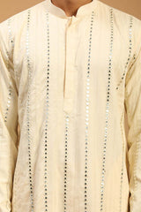 Buy Men's Cream Viscose Mirror Work Embroidered Kurta Pajama Jacket Set With Dupatta Online - Side