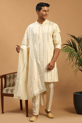 Buy Men's Cream Viscose Mirror Work Embroidered Kurta Pajama Jacket Set With Dupatta Online