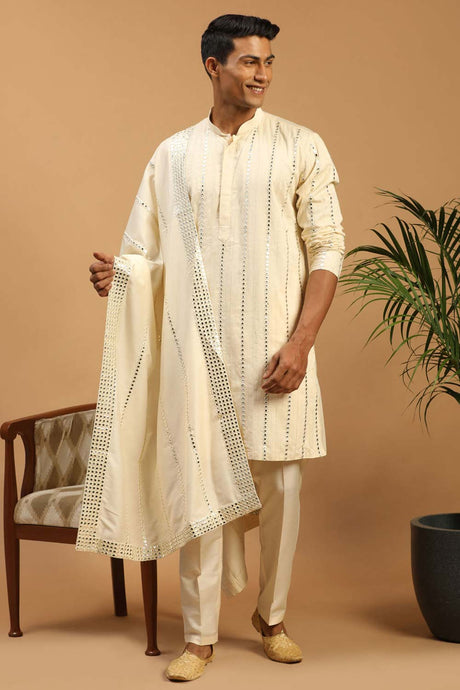 Buy Men's Cream Viscose Mirror Work Embroidered Kurta Pajama Jacket Set With Dupatta Online