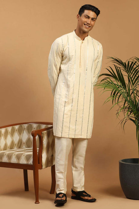 Buy Men's Cream Viscose Mirror Work Embroidered Kurta Pajama Jacket Set With Dupatta Online - Back