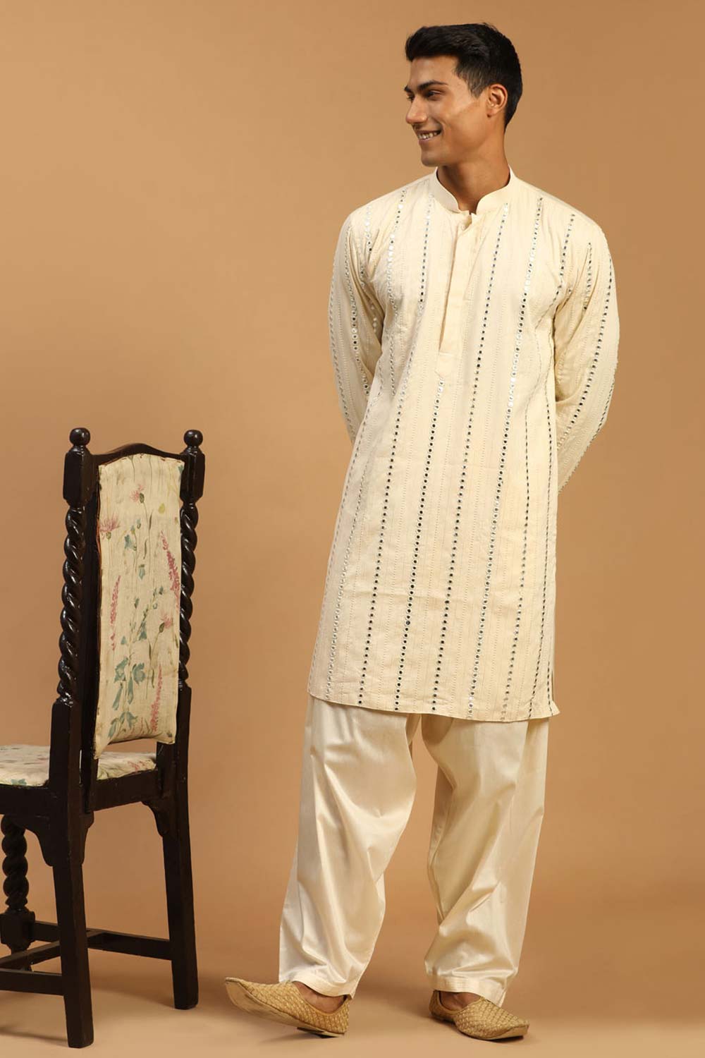 Buy Men's Cream Viscose Mirror Work Embroidered Pathani Set Online